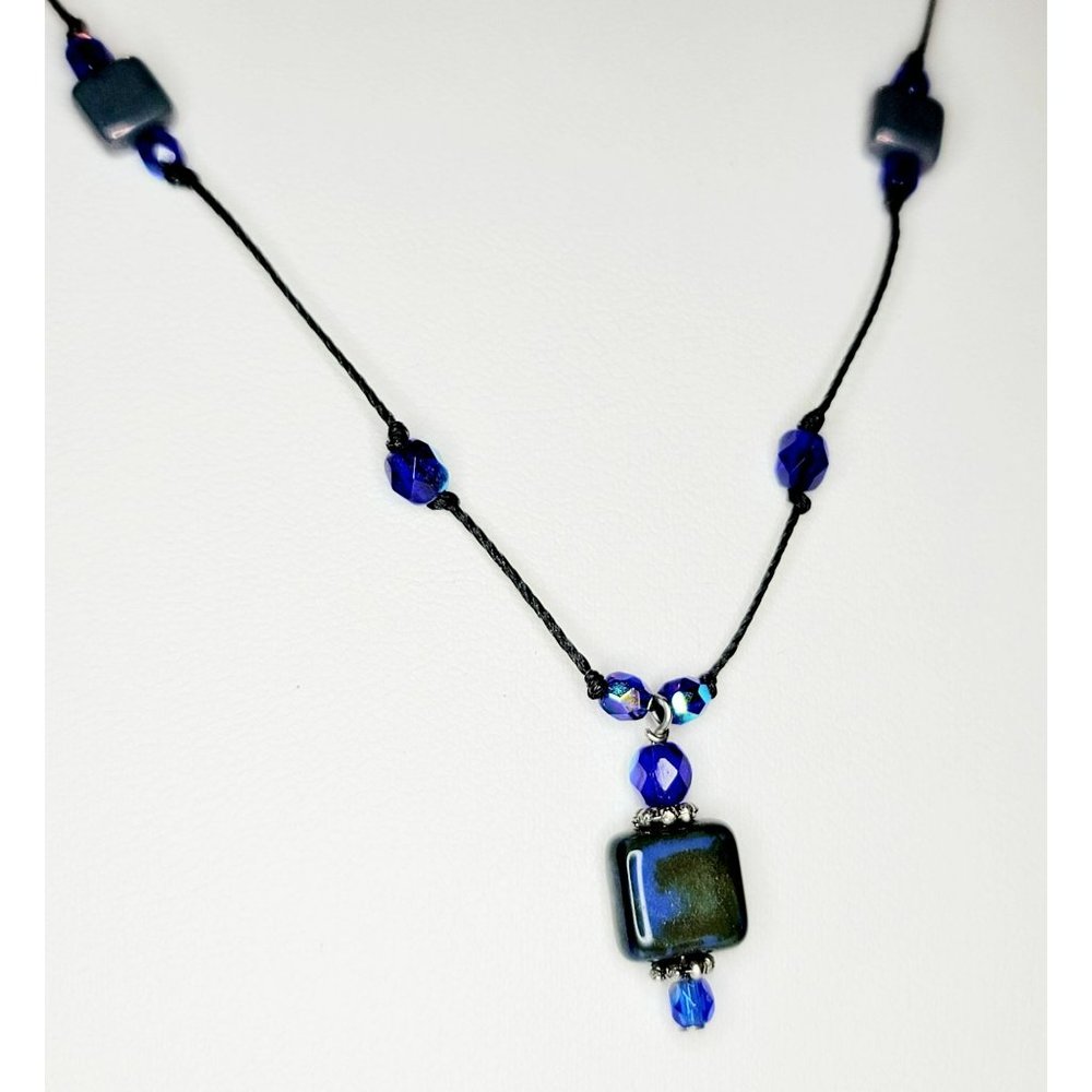 Blue Green Glass Bead Silver Accent Beaded Necklace Fashion Jewelry CT219